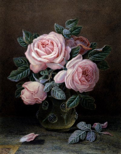Rosas cor-de-rosa num vaso de vidro. Pintura de William Hough (fl.1850-1900) Coleção particular. de William B. Hough