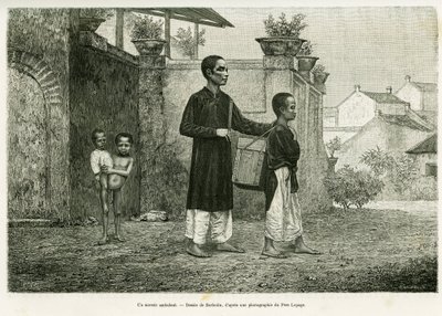 Um feiticeiro ambulante, um massagista cego. Gravado por Barbotin, para ilustrar a história Trente mois au Tonkin, em 1884, pelo Dr. Paul Hocquard, em le tour du monde 1890, sob a direção de Edouard Charton (1807-1890), Hachette, Paris. de William Barbotin