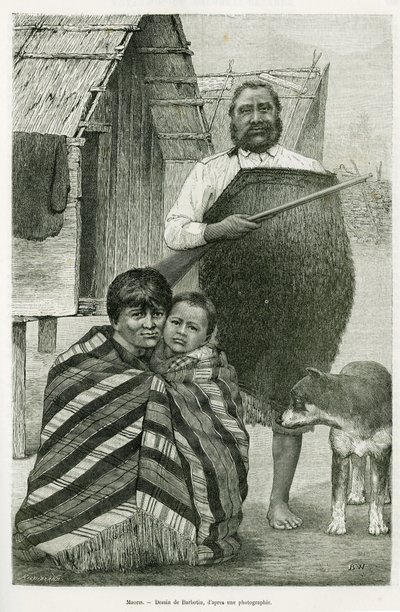 Três gerações de Maoris. Gravura de Barbotin, para ilustrar a história Voyage a la Nouvelle Zelande, em 1889, de G.Verschuur, in le tour du monde 1890, dirigido por Edouard Charton (1807-1890), Hachette, Paris. de William Barbotin