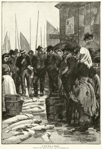 Uma venda de peixe em Whitby (gravura) de William Barnes (after) Wollen