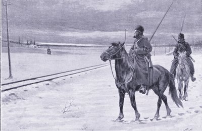 Guardando a ferrovia perto de Mukden, ilustração fromCassells História da Guerra Russo-Japonesa Vol 1, c.1900 de William Barnes Wollen