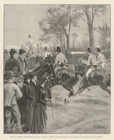 Steeplechase da Câmara dos Comuns em Rugby, 29 de março, Rush at the First Fence, Sr. AE Pease, MP, liderando com Norah Creina de William Barnes Wollen