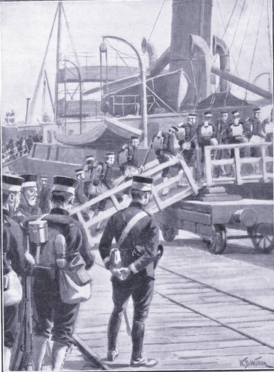 Tropas japonesas embarcando em Kobe, ilustração deCassells História da Guerra Russo-Japonesa Vol 1, c.1900 de William Barnes Wollen