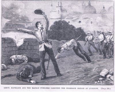 Tenente Havelock e os fusileiros de Madras carregando a ponte de Charbagh em Lucknow 1857 AD de William Barnes Wollen