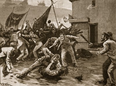 Tumultos em Belfast, 1886, ilustração de "História Ilustrada de Cassell da Inglaterra" (foto sépia) de William Barnes Wollen