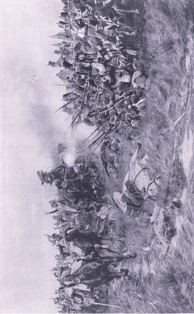 O 28º Regimento de Gloucester recebe a cavalaria francesa em Waterloo 18 de junho de 1815, ilustração das Batalhas Britânicas na Terra e no Mar, 1915 de William Barnes Wollen