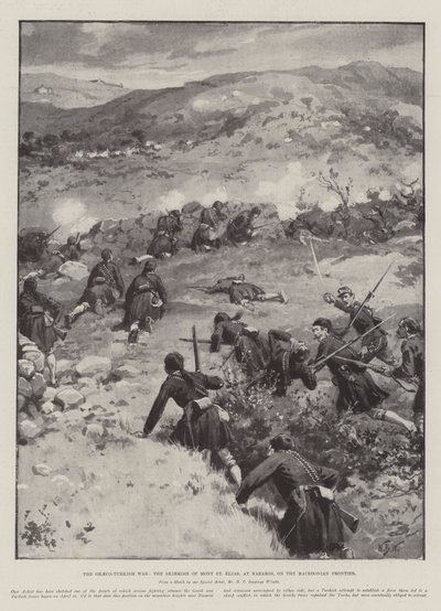 A guerra greco-turca, a escaramuça do Mont St Elias, em Nazaros, na fronteira da Macedônia de William Barnes Wollen