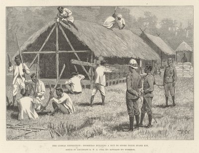 A Expedição Lushai, Goorkhas construindo uma Cabana para guardar seu Kit de Sobressalentes de William Barnes Wollen