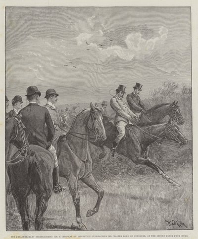 A corrida parlamentar com obstáculos, Sr. F Mildmay sobre a discrição reformando Walter Long em cruzado, na segunda cerca de casa de William Barnes Wollen