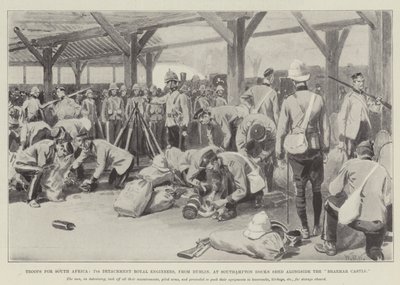 Tropas para a África do Sul, 7º Destacamento Royal Engineers, de Dublin, em Southampton Docks Shed ao lado do Castelo Braemar de William Barnes Wollen