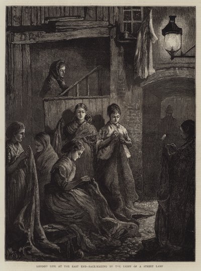 London Life at the East End, Sack-Making by the Light of a Street Lamp (gravura) de William Bazett Murray