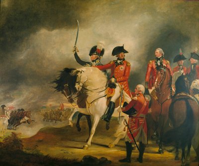 O rei Jorge III passa em revista o regimento de dragões ligeiros do príncipe de Gales, acompanhado pelo príncipe de Gales, pelo duque de Iorque e por outros oficiais-generais de William Beechey