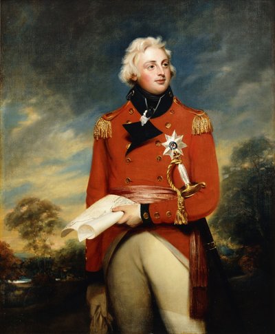 Retrato de William Frederick, 2º duque de Gloucester, com três quartos de comprimento, vestindo o uniforme do coronel da 3ª guarda e a estrela do peito da ordem da liga e segurando um plano de campanha, em uma paisagem arborizada, de William Beechey