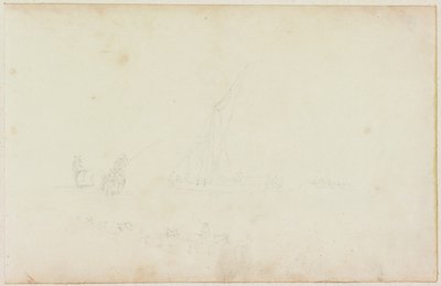 Esboço de barco a remo e cavaleiro com linha de cavalos (lápis sobre papel (em papel com M746)) de William Beilby