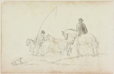 Dois homens a cavalo com dois cavalos e cachorro (lápis e aquarela (lavar) em papel (em papel com M751)) de William Beilby