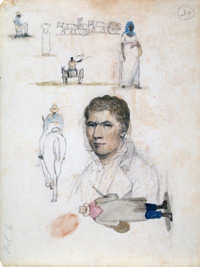 Oito pequenos desenhos, incluindo retratos, estudos de figuras, carrinhos, do artista William Berryman. de William Berryman
