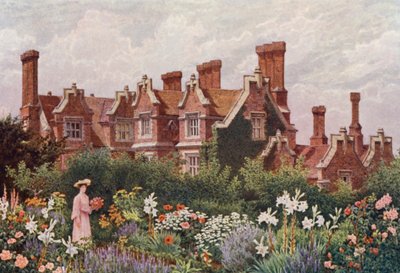 Hollingbourne Manor a partir do Jardim Upeer (litografia a cores) de William Biscombe Gardner