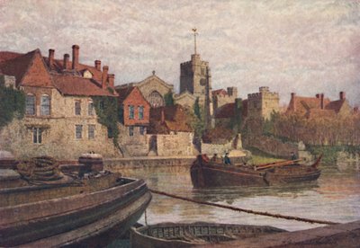 Maidstone. Parte traseira do palácio antigo, da igreja e da faculdade velha através do Medway, c1900 de William Biscombe Gardner
