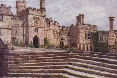 O Pátio Inferior, Haddon Hall (cor litho) de William Biscombe Gardner