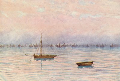 A frota de ostras de Whitstable a dragar ao largo de Herne Bay (litografia a cores) de William Biscombe Gardner