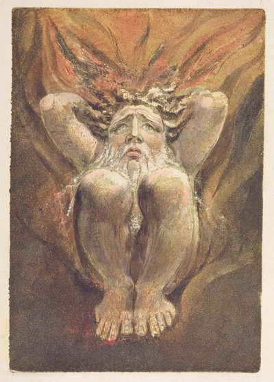 &39;Um homem nu agachado em chamas, com as mãos atrás da cabeça&39;, ilustração 21 de &39;O primeiro livro de Urizen&39; de William Blake