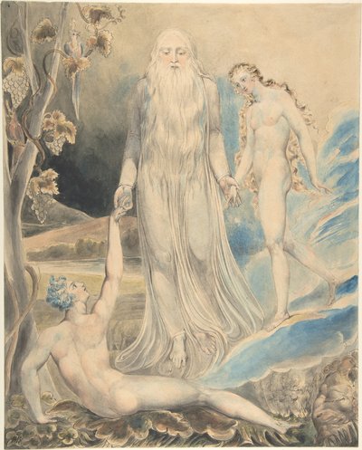 Anjo da Presença Divina a levar Eva até Adão (A Criação de Eva: «E ela será chamada Mulher») (anverso); Esboço da mesma obra (verso) de William Blake