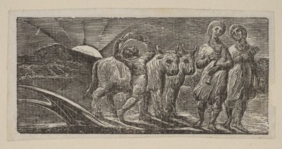 Menino retornando com alegria, com Arado e Bois, da Thorntons Pastorals of Virgil, 1821. de William Blake