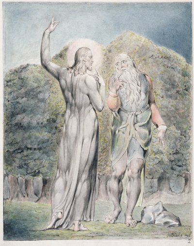 Cristo tentado por Satanás a transformar as pedras em pão, ilustração de "Paraíso recuperado", de John Milton, c.1816-18 (caneta e tinta, lavagem cinza e wc no papel) de William Blake
