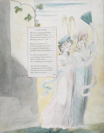 Design 27 para &39;A Long Story&39; de &39;The Poems of Thomas Gray&39;, publicado em 1797-98 (aquarela com caneta e tinta sobre papel) de William Blake
