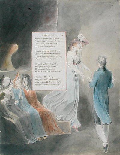 Design 33 para &39;A Long Story&39; em &39;The Poems of Thomas Gray&39;, publicado em 1797-98 (aquarela com caneta e tinta sobre papel) de William Blake