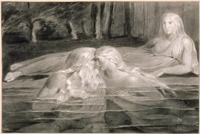 Har e Heva tomando banho, Mnetha olhando, c.1785-89 (escova, tinta e papel) de William Blake