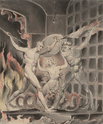 Ilustração 2 de "Paradise Lost" de Milton: Satanás, pecado e morte: Satanás chega aos portões do inferno, 1807 de William Blake