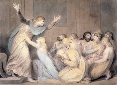 No.0456c Joseph dando-se a conhecer aos seus irmãos, placa 3 de "A História de Joseph", c.1785 (lápis, aguarela, caneta e tinta sobre papel) de William Blake