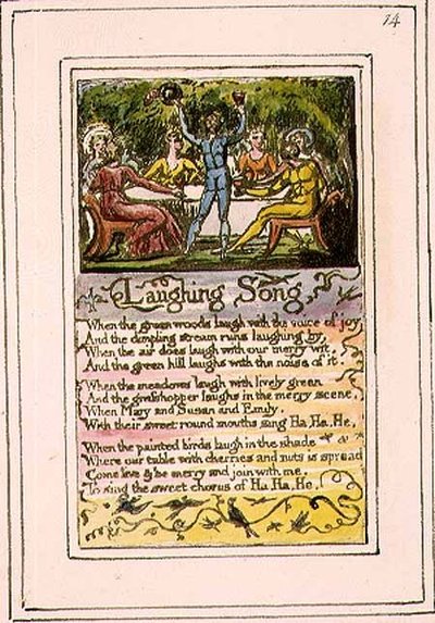 P.124-1950.pt14 Canção do riso: placa 14 de Canções da Inocência e da Experiência (cópia R) c.1802-08 (gravura, tinta e aguarela) de William Blake