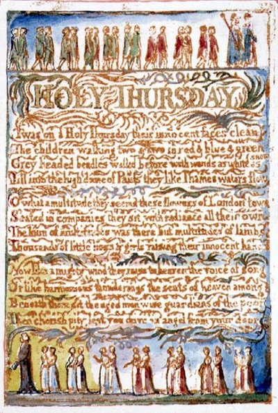 P.125-1950.pt19 Quinta-feira Santa: placa 19 de Cantares da Inocência e da Experiência (cópia AA) c.1815-26 (gravura, tinta e aguarela) de William Blake