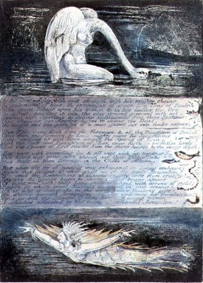 Placa II, Jerusalém, c.1804-20. As filhas de Albion representadas por criaturas parecidas com cisnes e peixes. de William Blake