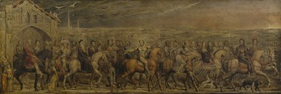 Sir Jeffrey Chaucer (c.1342-1400) e os Nove e Vinte Peregrinos na sua Viagem a Cantuária (têmpera sobre tela) de William Blake