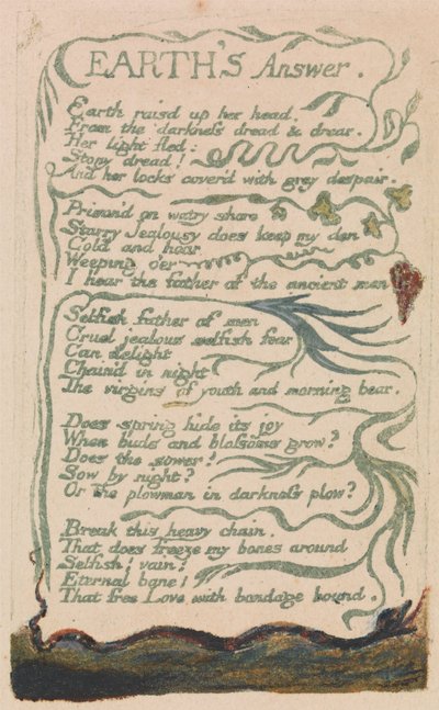 Canções de inocência e experiência, ilustração 35, a resposta da Terra (Bentley 31) de William Blake
