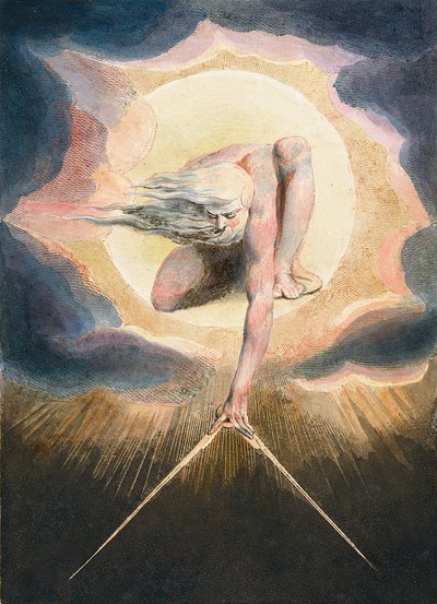 The Ancient of Days - Urizen medindo o mundo material - Urizen medindo o mundo material. Ilustração do frontispício do livro "Europa". À Profecia". Desenho de William Blake (1757-1827) de William Blake