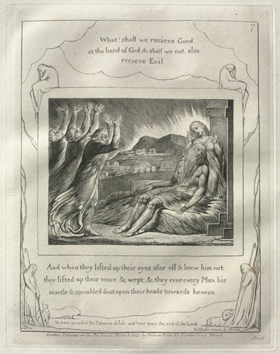 O Livro de Jó: No. 7, e Quando eles levantaram os olhos ao longe e não o conheciam ..., 1825. de William Blake