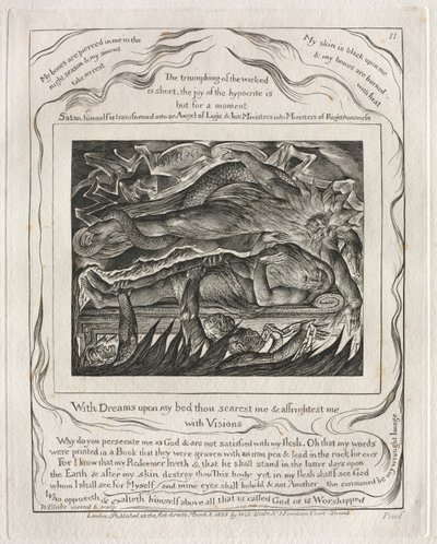 O Livro de Jó: Pl. 11: Com sonhos na minha cama, tu me assusta e me agrada ..., 1825. de William Blake