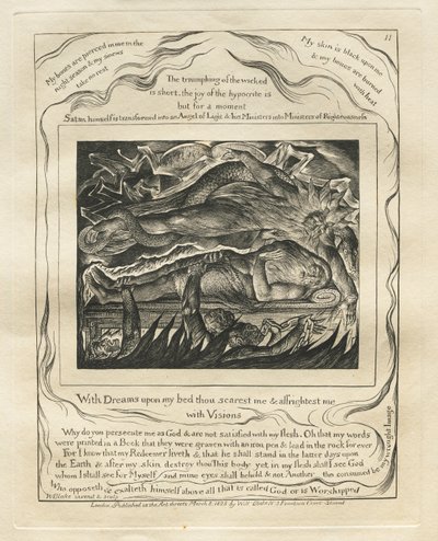 O Livro de Jó: Pl. 11: Com sonhos na minha cama, tu me assusta e me agrada ..., 1825. de William Blake