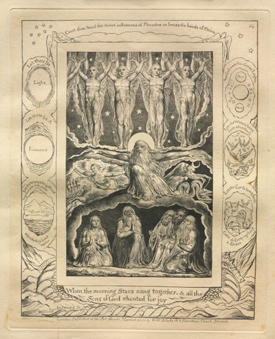 O Livro de Jó: Pl. 14, Quando as estrelas da manhã cantaram juntas, e todos os filhos de Deus ..., 1825. de William Blake
