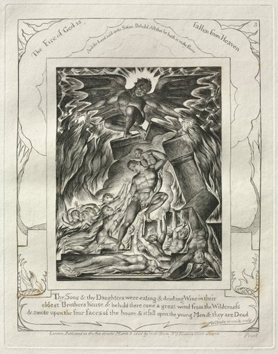 O Livro de Jó: Pl. 3, teus filhos e tuas filhas estavam comendo e bebendo vinho ..., 1825. de William Blake