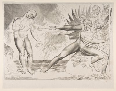 O círculo de funcionários corruptos: os demônios atormentam Ciampolo, de Dantes Infer ..., ca. 1825-27. de William Blake