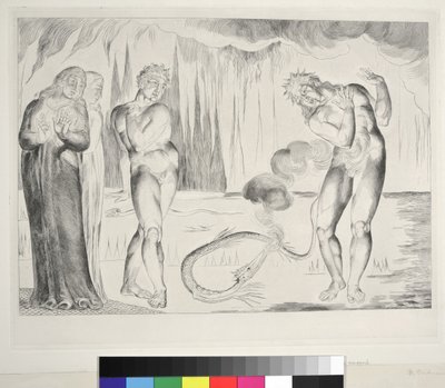 O Círculo dos Ladrões: Buoso Donati Atacada pela Serpente, Inferno, Canto XXV, ilustração à &39;Divina Comédia&39; de Dante Alighieri, 1827 de William Blake