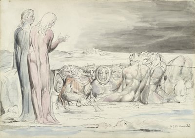 O Círculo de Traidores: Alberti Brothers, ilustração à Divina Comédia de Dante Alighieri, 1824-27 (caneta e tinta com wc sobre lápis e giz sobre papel) de William Blake