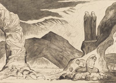 O Círculo dos Falsificadores: Dante e Virgil Cobrindo os seus narizes por causa do fedor, 1827. de William Blake
