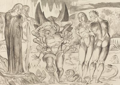 O Círculo dos Ladrões, Agnolo Brunelleschi Atacado por uma Serpente de Seis Pés, 1827. de William Blake