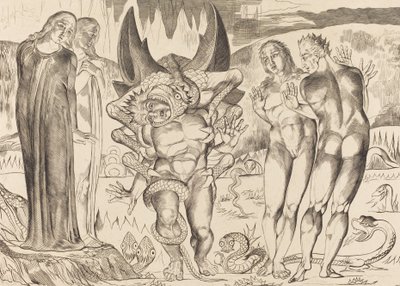 O Círculo dos Ladrões, Agnolo Brunelleschi Atacado por uma Serpente de Seis Pés, 1827. de William Blake